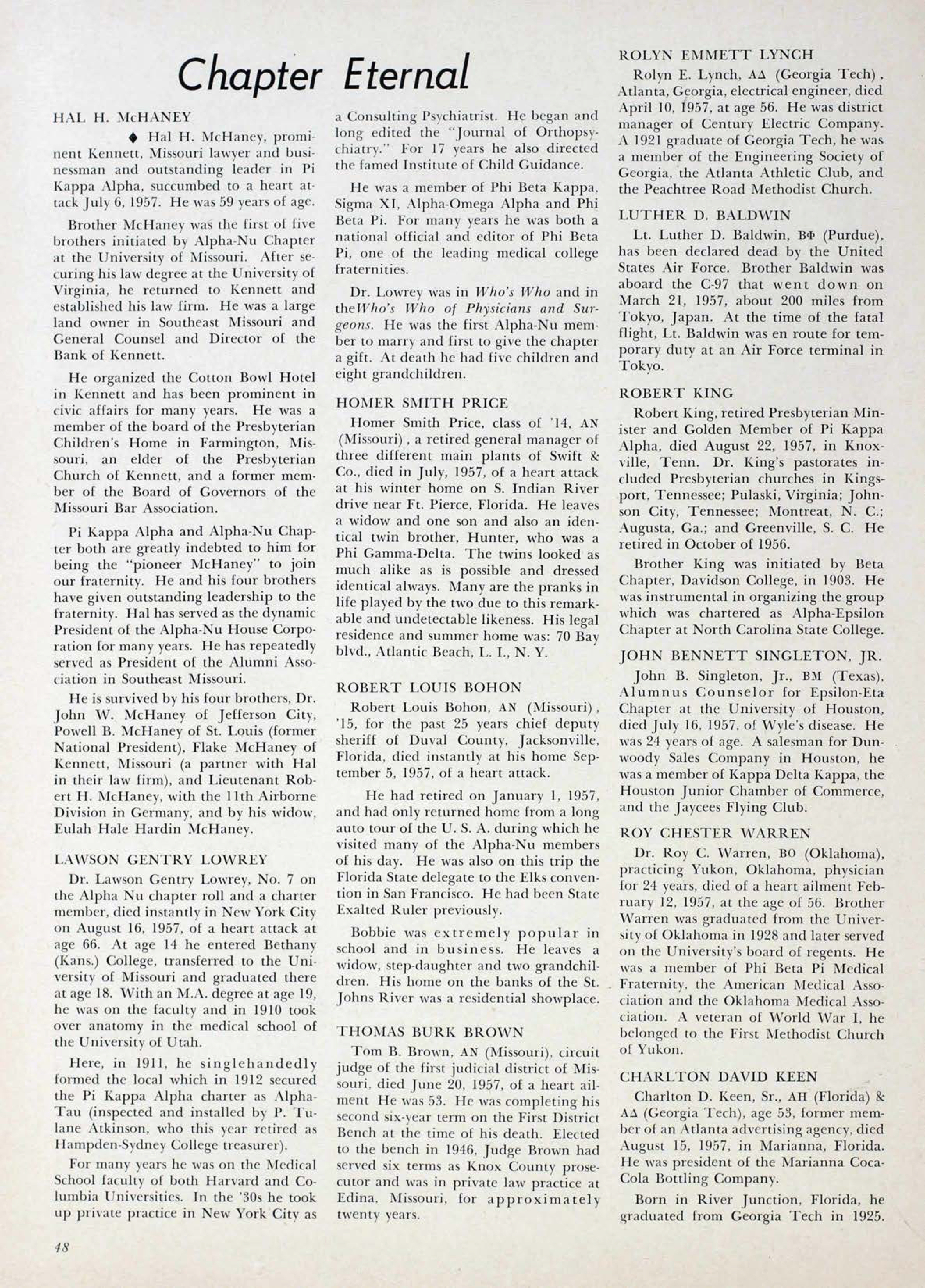 Chapter Eternal, December 1957